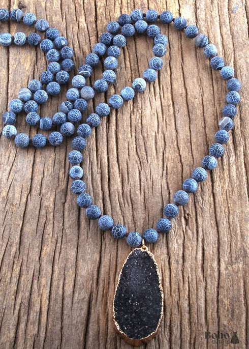 Boho Necklace, RH Precious Stone, Blue with Druzy